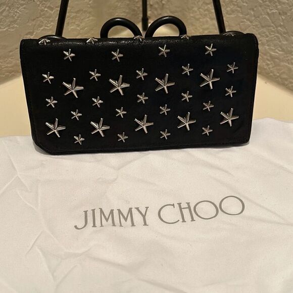 Jimmy Choo Unisex Star Studded Bifold Wallet Black Leather Edgy Punk Statement - Picture 1 of 11
